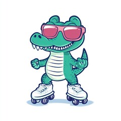 Fototapeta premium A green cartoon alligator on roller skates with pink glasses, dancing on a white background