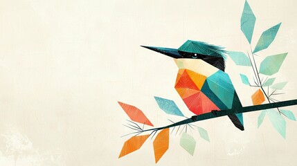   A vibrant bird perched on a leaf-laden tree against a serene sky backdrop