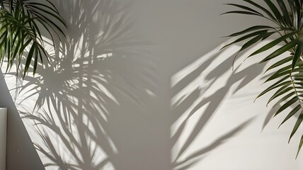 A smooth white wall complemented by intricate palm leaf shadow patterns, ideal for high-end product photography.

