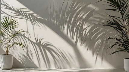 Obraz premium A smooth white wall complemented by intricate palm leaf shadow patterns, ideal for high-end product photography.