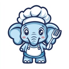 Obraz premium A blue cartoon elephant chef holds a fork on a white background, used for kids' materials