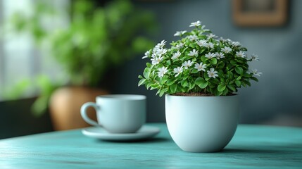 Fototapeta premium A serene indoor scene featuring a potted plant with flowers and a cup on a turquoise table.