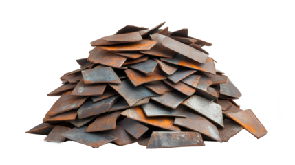 Pile of rusted metal sheets showcasing industrial recycling and sustainable construction materials for eco-friendly architectural projects.