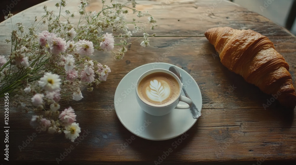 Poster enjoying coffee and croissant with flowers on wooden table in a cozy cafe setting during morning hou