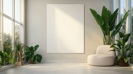 Modern minimalist living room with large blank canvas, armchair, and plants.