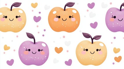 Fototapeta premium Kawaii-style apples with exaggerated features, pastel colors, and tiny hearts, creating a playful and cheerful pattern for youth-oriented designs