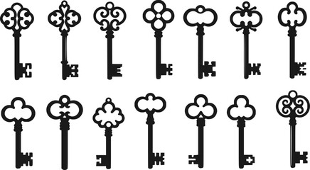 Antique key silhouettes. Medieval and modern keys, black vintage shapes set. Open door symbols, privacy and escape. Abstract tidy vector elements
