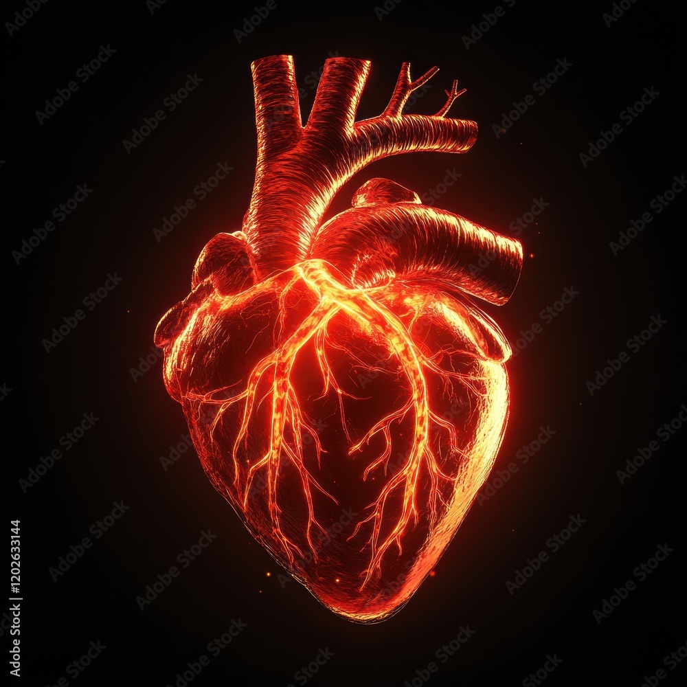 Poster vivid depiction of a luminous heart with intricate veins illuminated against a dark background. gene
