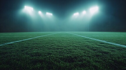 Football Field Under Bright Stadium Lights at Night in Foggy Atmosphere