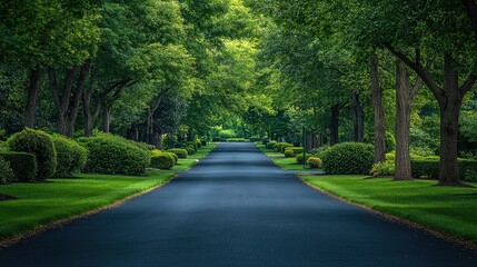 Obraz premium A serene tree-lined avenue with lush greenery and a smooth road, inviting peaceful walks or drives.