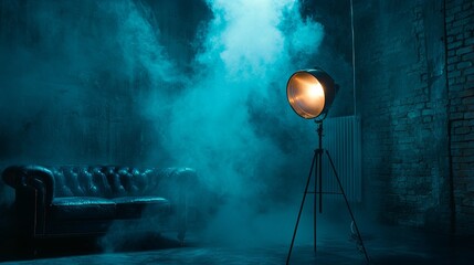Naklejka premium Moody studio setup with blue smoke and spotlight
