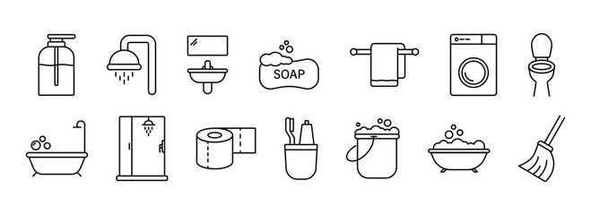 Bathroom outline icon set. Bathroom shower sanitary symbol collection. Vector bathe icons