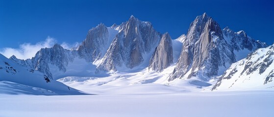 Majestic snow-capped peaks rise against a brilliant blue sky, embodying the breathtaking expanse and tranquility of serene landscapes.