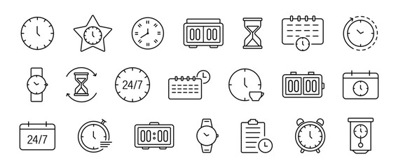 Time and clock icons set. Timer, wristwatch, countdown, stopwatch, alarm symbols. Vector icons