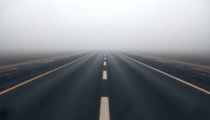 Fototapeta premium Empty Highway Vanishing in Dense Fog Mist road dark grey cold view 