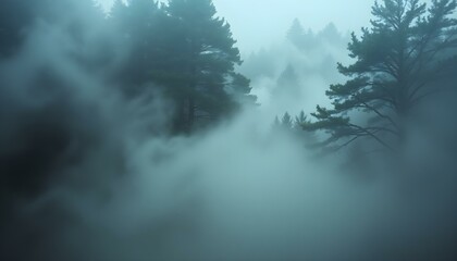 Obraz premium Mysterious Foggy Forest Dark Pines Nature Scene art mist view cold 