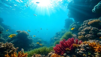 Vibrant Underwater Coral Reef Scene Tropical Fish Sea Sun Red Life    