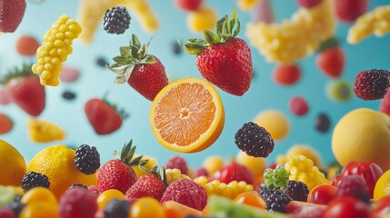 Colorful fruits floating against pastel background
