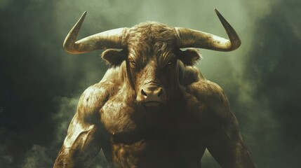 Powerful bull emerging from misty background.