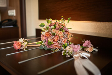 Beautiful bridal bouquet, pastel roses, wedding flowers, fresh blooms, elegant arrangement, romantic setting, floral decor, wedding concept