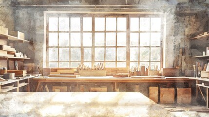 A harmonious woodworking shop, sunlight streaming through large windows, organized shelves of varnish and brushes, watercolor style, warm pastel hues