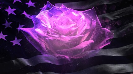 A glowing pink rose with purple accents, floating ethereally over a black and white American flag, creating a dreamy and bold aesthetic