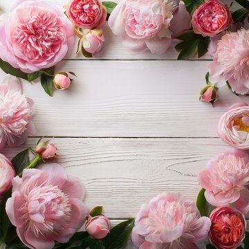 Pink peonies and roses on a white wooden background, copy space, greeting card.