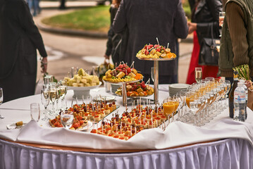 Outdoor banquet table with assorted appetizers, fruits, and drinks, set for festive event, ready for gathering, catering joy concept