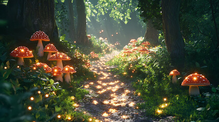Enchanting fairy tale forest path with glowing mushrooms, lush greenery, and a magical atmosphere. Enchanted Fairy Forest. Illustration