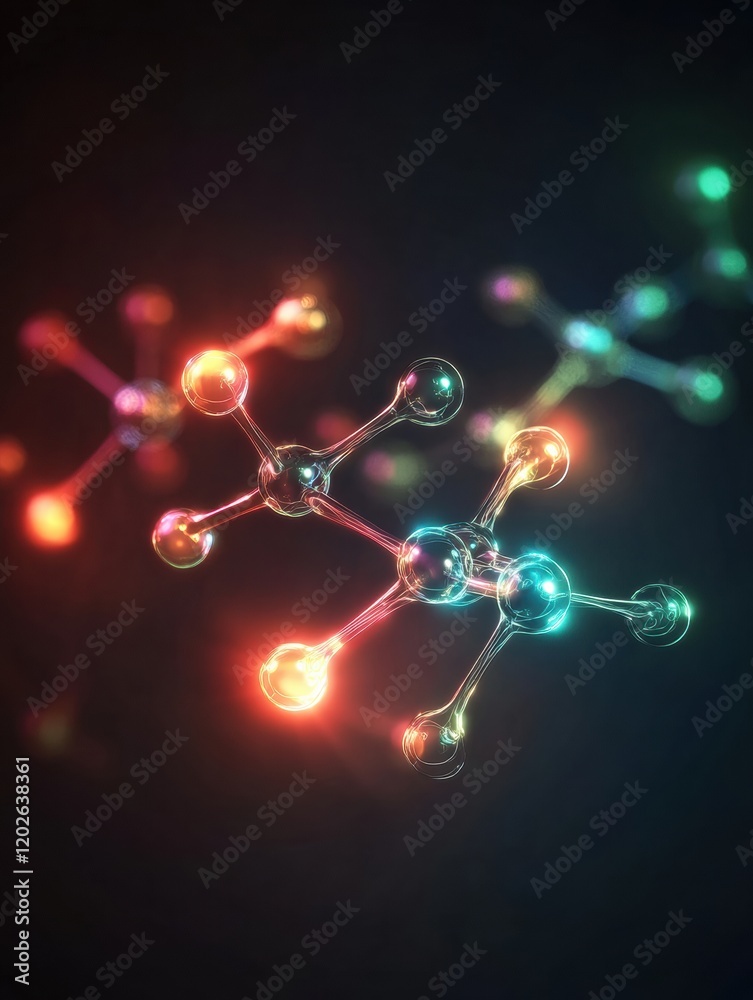 Aufkleber Molecular structures illuminated with vibrant colors illustrating chemical concepts and microscopic interactions in science. Generative AI