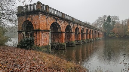 Fototapeta premium Brick Aqueduct Over Calm Water on a Misty Day