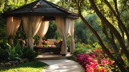 Obraz premium Serene Garden Gazebo With Lush Greenery And Flowers