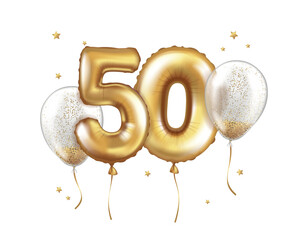 Latex helium balloons made of gold foil and transparent balloons with confetti. Number fifty. Anniversary Realistic vector illustration for birthday © Olena