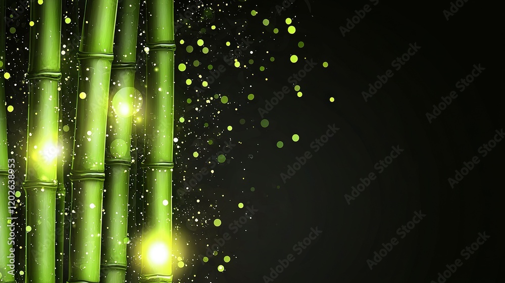 Poster a dark canvas adorned by a lush green bamboo tree, surrounded by an array of twinkling lights a soli