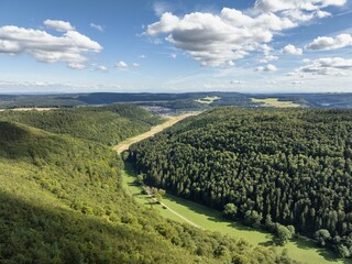 Obraz premium Aerial view of the Ursental valley seen from the north, a side valley to the Danube, on the horizon the village of Nendingen, Danube valley, district of Tuttlingen, Baden-Württemberg, Germany, Europe