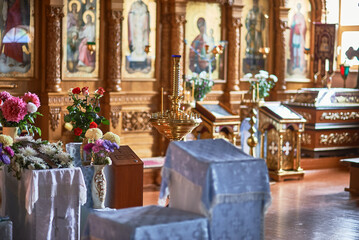 Ornate Church Interiors, Golden Candelabra, Vibrant Floral Arrangements, Religious Iconography, Spiritual Ambiance Concept
