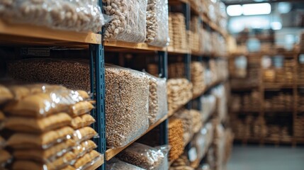 Warehouse shelves filled with grains and food supplies