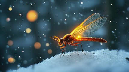 Naklejka premium Yellow-black insect on snow next to blurry blue-yellow background