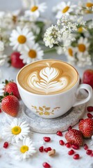 Fototapeta premium Latte Art with Strawberries and Daisies A Delightful Morning Coffee
