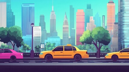 Ride-sharing services flat design side view modern urban commuting animation triadic color scheme
