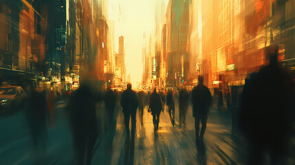 Dynamic motion blur of people walking on city street during golden hour. Dynamic City Motion. Illustration