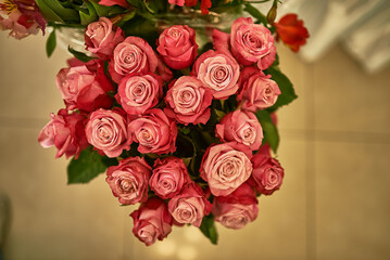 Elegant pink rose bouquet captured from above showcasing vibrant petals, delicate blooms in soft lighting, floral arrangement concept
