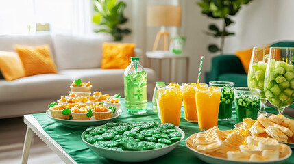 Themed Party with Irish Snacks and Green Decor in a Cozy Living Room Setting. Concept of Cultural Celebration, Fusion Cuisine, Festive Atmosphere with Refreshing Drinks. St. Patrick's Day