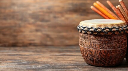 Wooden drum and sticks on rustic table.  Background blurred. Musical instrument photo for website or brochure