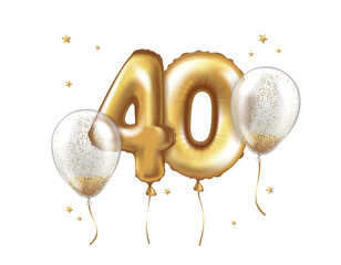 Latex helium balloons made of gold foil and transparent balloons with confetti. Number forty. Anniversary Realistic vector illustration for birthday