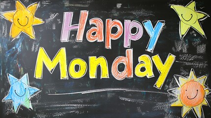 Happy Monday! Colorful Chalkboard Message with Smiling Stars