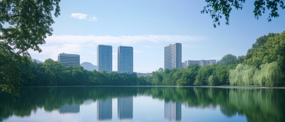 Obraz premium A peaceful city skyline reflects in a serene lake under a clear blue sky, blending urban life with nature's tranquility.