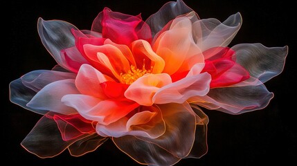   Pink-and-white flower on black background with light center reflection