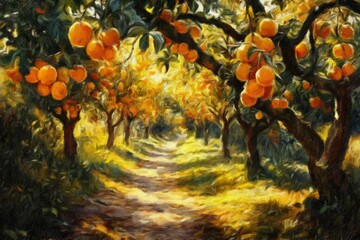 Autumn tree with apples, orange tree with fruits, autumn leaves in the garden, orange tree with fruits, oil paintings landscape