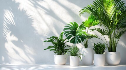 Fototapeta premium Lush potted plants illuminated by natural sunlight